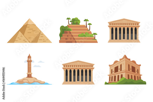 Pyramid and step pyramid icons, archaeological site vector, desert travel illustration, ancient architecture clipart, world heritage asset