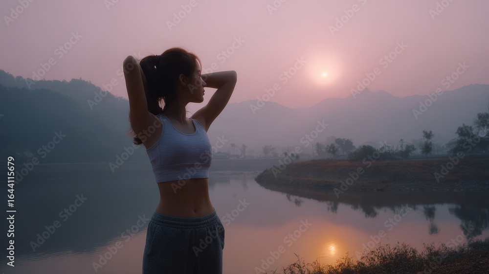 Fototapeta premium young woman is stretching gracefully amidst soothing embrace of nature fully immersed in her morning routine