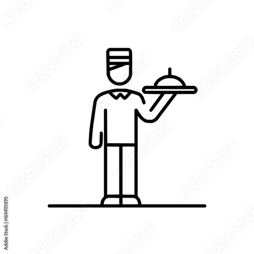 Waiter serving food tray restaurant service bellboy hotel staff line art vector illustration graphic design