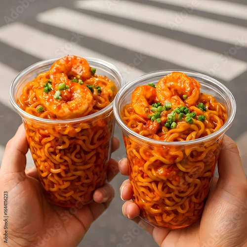 Fototapeta na wymiar Spicy Shrimp Noodles in Clear Cups – Street Food on the Go