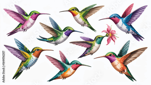 Watercolor Hummingbirds Illustration with Vibrant Colors Flying in Various Poses Against a White Background Beautiful Birdlife Imagery