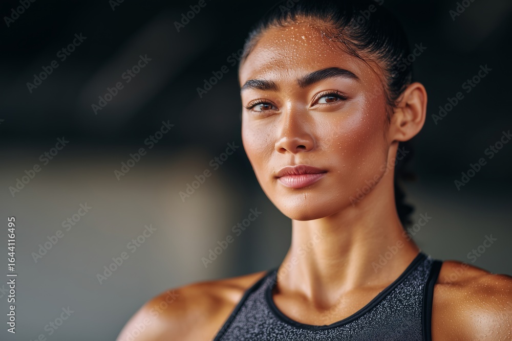 Obraz premium Athletic woman with glistening skin, wearing a black sports top, gazes confidently at the camera, showcasing strength and determination in a fitness environment