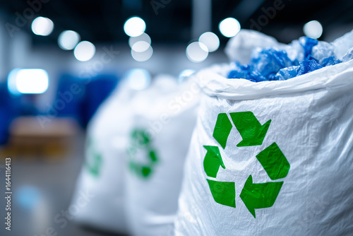 Close-Up of Recycled Plastic in Polypropylene Bags – Recycle Sign, Clean Industrial Style – Strong Depth of Field