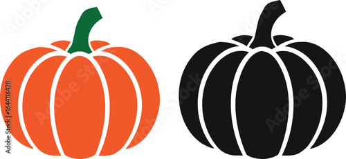 A colorful autumn harvest vector illustration features a ripe pumpkin and a tomato with leaves