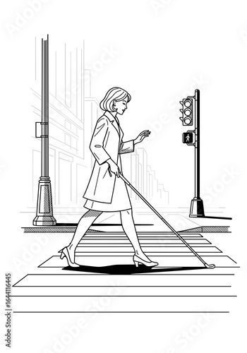 Blind woman confidently crossing the street with a cane at a crosswalk, featuring traffic signals, sketch style