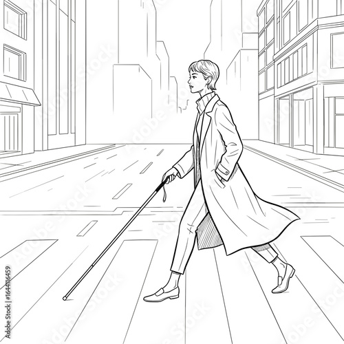 Blind man confidently walking across the street with a cane in an urban environment, illustrating independence, sketch style