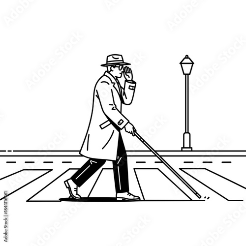 Blind man crossing the street with a cane, demonstrating careful navigation and awareness, sketch style