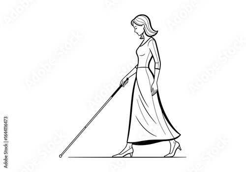 Blind woman confidently walking with a white cane, showcasing elegance and mobility, sketch style