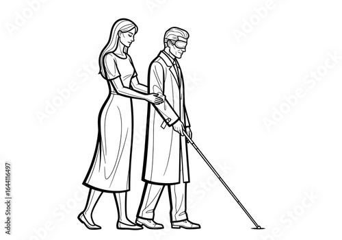 Woman assisting a blind man with a cane while walking together, demonstrating compassion and support, sketch style