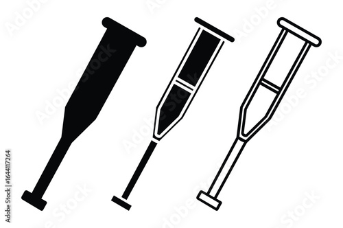 Crutch Icon Set Solid, Filled, and Outline Medical Support Stick Symbols