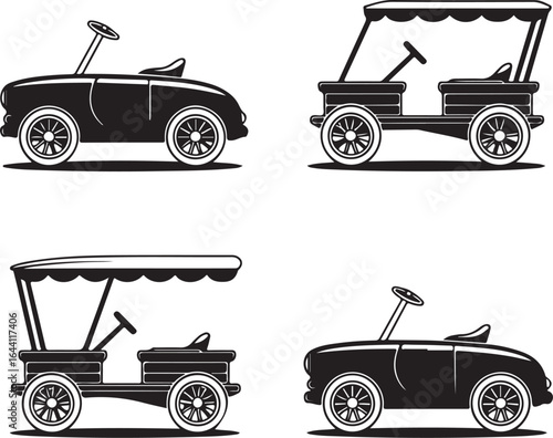 Four black and white vintage toy car illustrations