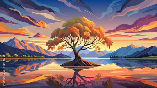 In the stillness of dawn, “That Wanaka Tree” rises gracefully from tranquil lake waters, its delicate branches painted in golden sunrise hues, mirrored perfectly on the glassy surface below.