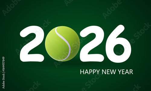 Vector holiday greeting card for Happy New Year 2026 with tennis ball replacing zero, festive sports-themed poster template for social media, celebration, and seasonal design