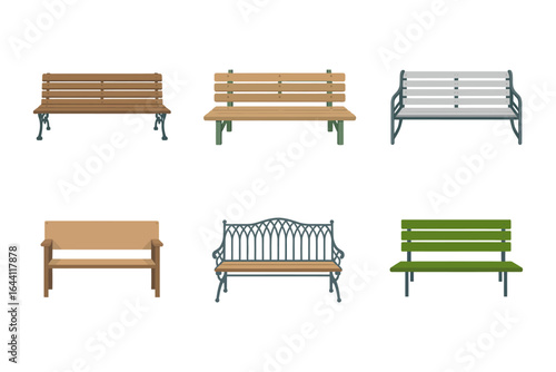 Vintage cast iron bench icons, decorative park seating vector, heritage furniture illustration, ornamental public space clipart, classic bench set