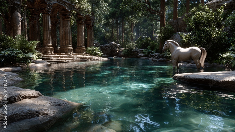 Fototapeta premium A serene woodland scene featuring a white horse standing beside a clear, tranquil pond surrounded by lush greenery and ancient stone columns.