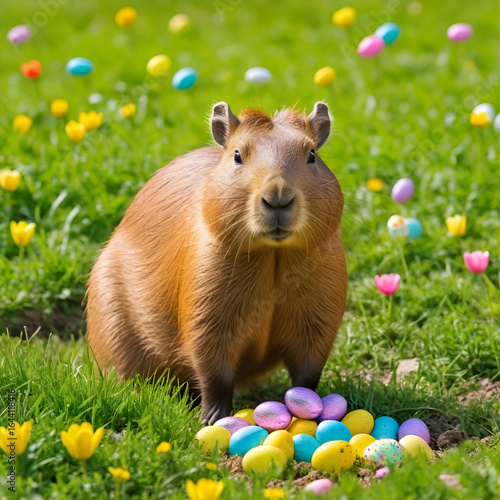 Capybara burying colorful easter candies in a meadow
