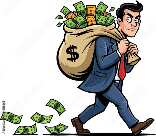 Cartoon Businessman Stealing Money Bag