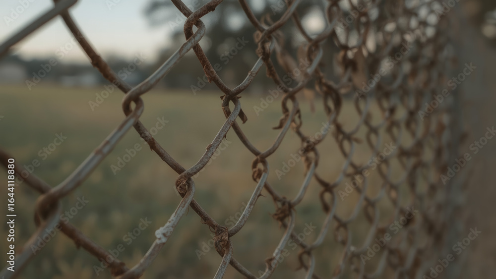 Naklejka premium Detailed Close-up of a Weathered Chain Link Fence with Subtle Rust, Overlooking a Softly Blurred Green Field and Trees.