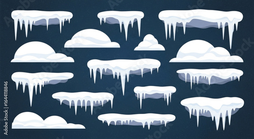 Frozen Fantasy: An illustrated collection of detailed, icy formations against a dark backdrop, exuding cold beauty of winter landscape