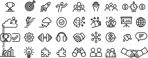 Leadership and Business Growth Line Icons Set, Success, Teamwork, Productivity, Strategy, Innovation, Global Network, Business Coaching Vector Pack