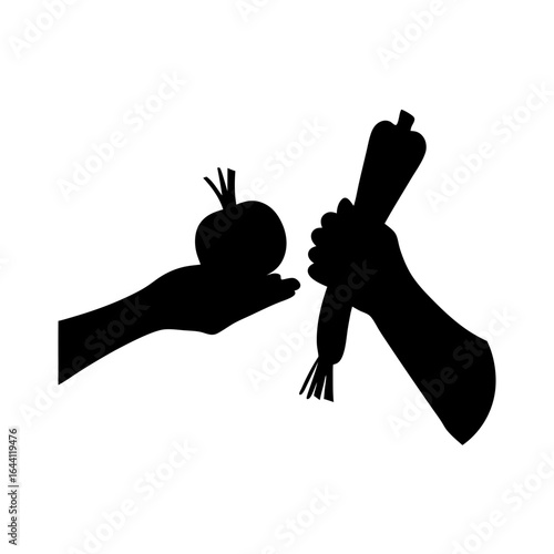 Silhouette of Hands Exchanging Vegetables or Produce with White Background