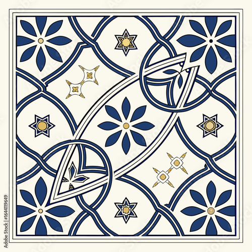 Traditional Arabic Geometric Pattern Vector – Seamless Islamic Art Design in Blue and Gold