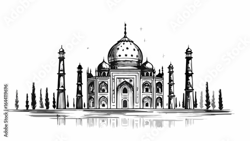 Illustration of the taj mahal with minarets and trees in black and white with water reflection view |  editable eps vectors silhouette