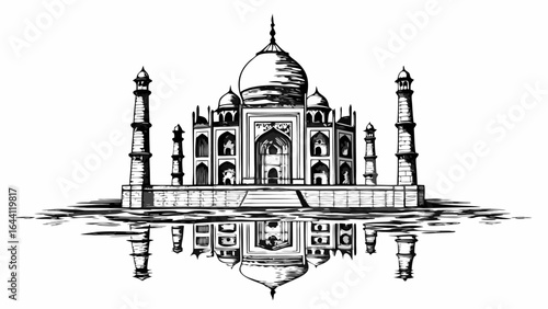 Illustration of the taj mahal with its reflection in the water in a black and white sketch style drawing |  editable eps vectors silhouette