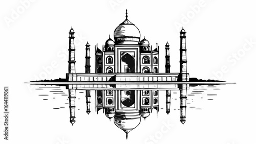 Illustration of the taj mahal with reflection in water showing intricate details and architectural design style |  editable eps vectors silhouette