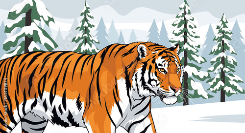 A tiger walks through a snowy forest with snow-covered fir trees in the background.
