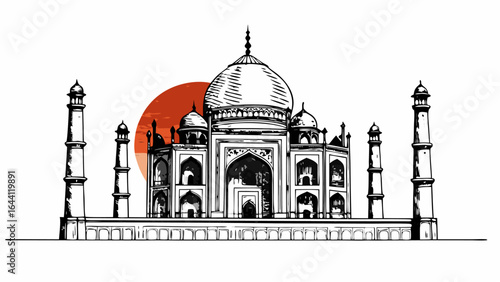 Illustration of the taj mahal with minarets and a setting sun in the background with detailed line work |  editable eps vectors silhouette