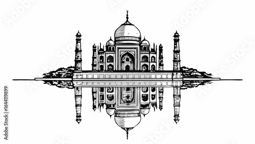 Illustration of the taj mahal with a reflection in water on a white background in a sketch style drawing |  editable eps vectors silhouette