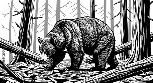 A large bear walks through a dense forest, navigating over fallen trees and foliage in a black and white illustration.