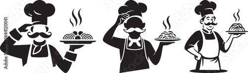 Vintage Chef Silhouette Icons Holding Pasta Dishes