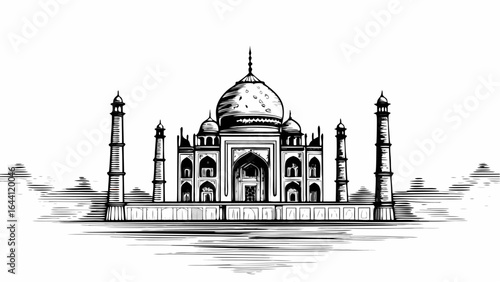 Illustration of the taj mahal with minarets and dome in black and white ink drawing style on white background |  editable eps vectors silhouette