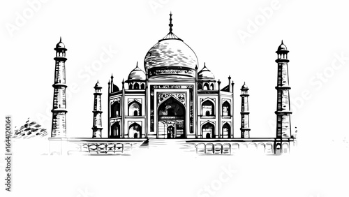 Illustration of the taj mahal with minarets and dome in black and white line art style drawing sketch design |  editable eps vectors silhouette