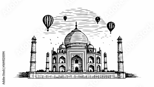 Illustration of the taj mahal with hot air balloons and birds in a monochrome color palette style art |  editable eps vectors silhouette