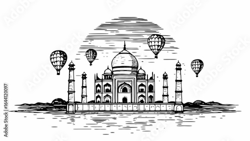 Illustration of the taj mahal with hot air balloons and a rising sun in a black and white sketch style |  editable eps vectors silhouette