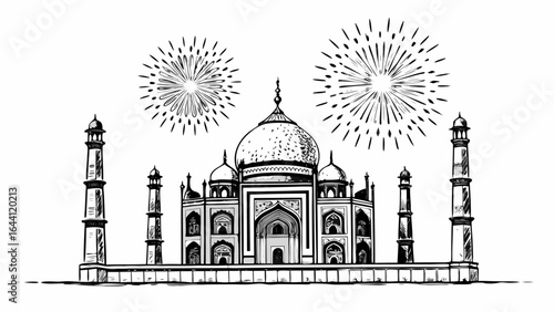 Illustration of the taj mahal with minarets and fireworks in a black and white sketch style drawing |  editable eps vectors silhouette