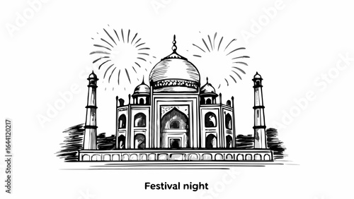Illustration of the taj mahal with fireworks in the background in black and white sketch style design |  editable eps vectors silhouette
