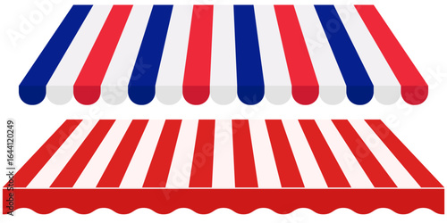 Tent of shop. Awning on cafe. Roof of marketplace. Red-white-blue stripe canopy for store or market. Striped sunshade for restaurant, circus and marquee. Parasol on white background.