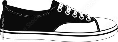 Black and white sneaker illustration, lace-up design, five eyelets, stitched upper detail, white toe cap, side stripe, casual footwear graphic