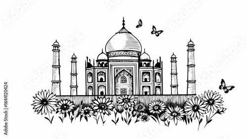 Illustration of taj mahal with surrounding flowers and butterflies in black and white line art style |  editable eps vectors silhouette