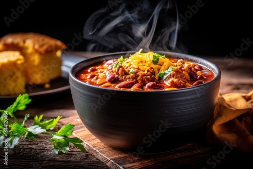 Steaming bowl of chili with beans, topped with cheese and herbs, alongside cornbread. Set on a rustic wooden table, highlighting comfort food vibes