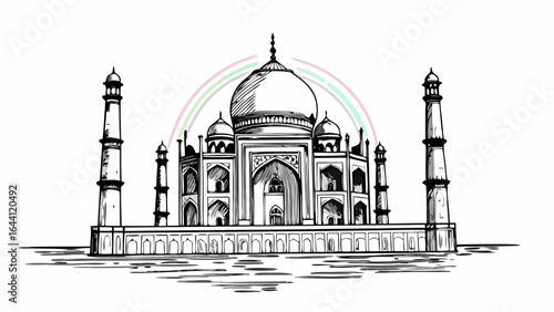 Illustration of the taj mahal with minarets and dome in black and white sketch style, with rainbow arc |  editable eps vectors silhouette
