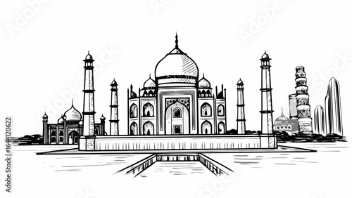 Illustration of the taj mahal and surrounding buildings in a black and white sketch style drawing view |  editable eps vectors silhouette
