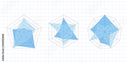 Vector Kiviat diagram design featuring spider or radar charts with flat mesh. Includes samples of pentagon and hexagon graphs. Ideal for analytic or statistical visuals. On white background