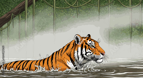 Majestic tiger emerging from misty jungle river, powerful stripes visible, serene yet alert expression.