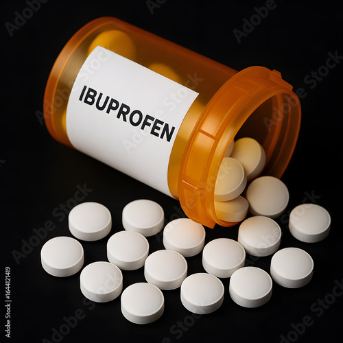 Closeup of orange prescription bottle labeled ibuprofen spilling white round tablets on black surface, concept of medication, pain relief, and pharmaceutical treatment
