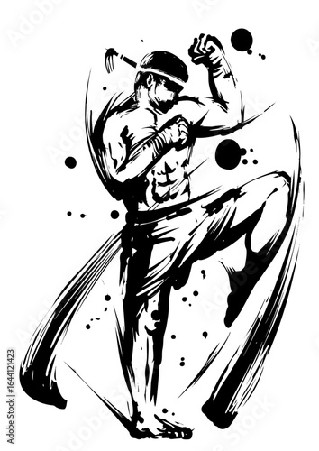 Muay Thai Fighter in Ink Wash Painting – Kickboxing Martial Arts Pose